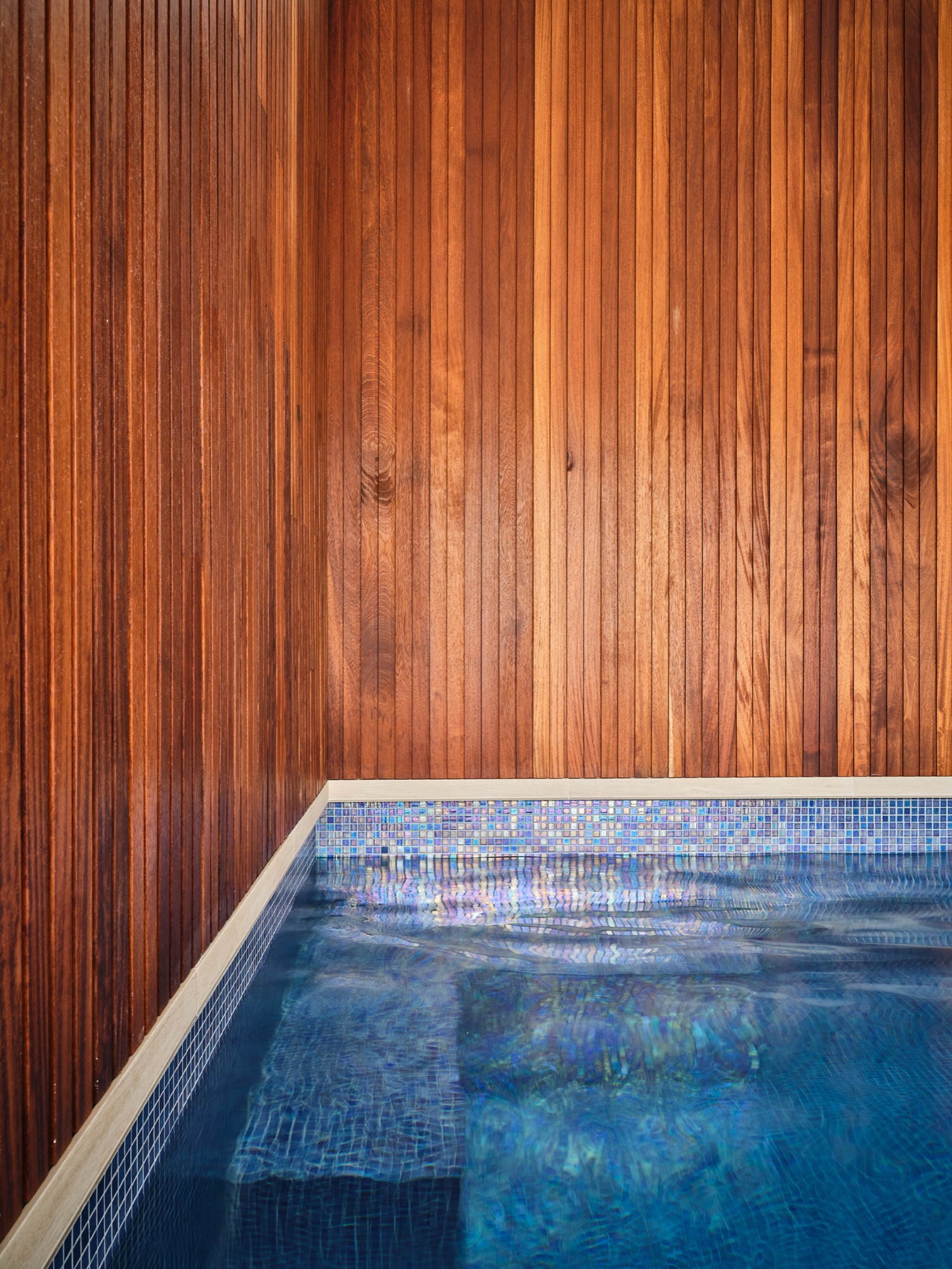 Close detail &mdash; the full-height Iroko wall and the edge of the blue mosaic pool, light on the water