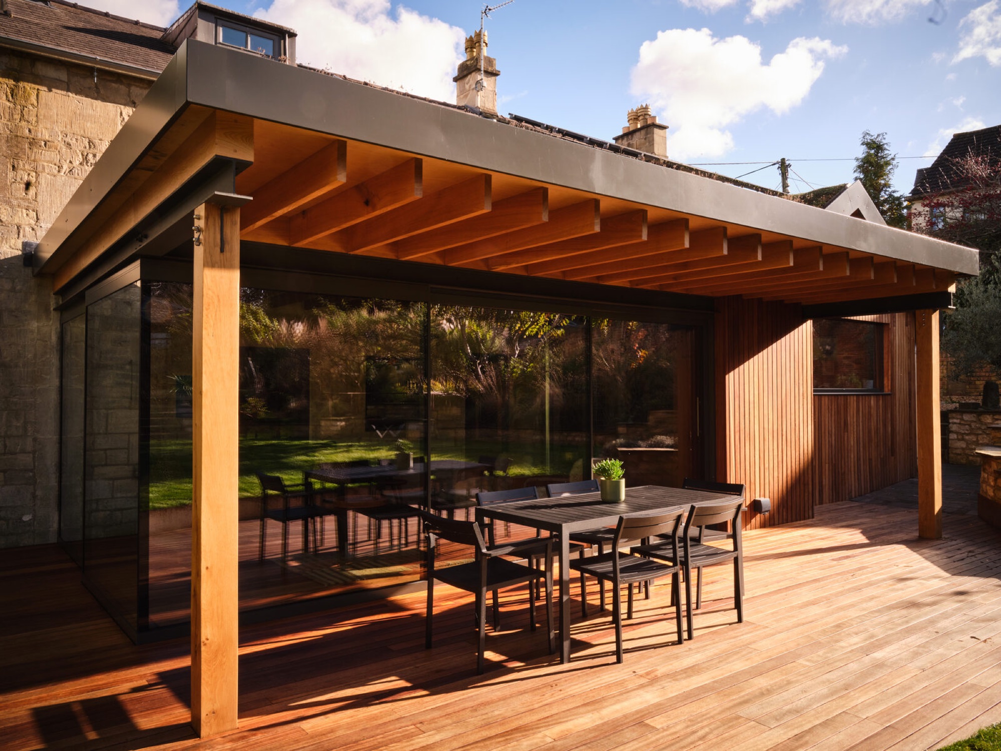 Orchard Leigh timber pavilion and covered terrace on Rodborough Hill, Stroud