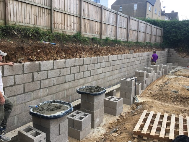 Retaining wall construction at Hidden House