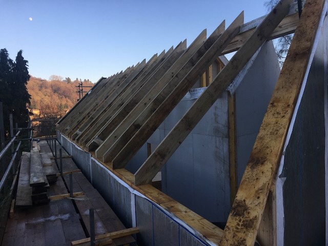 Roof structure under construction at Hidden House