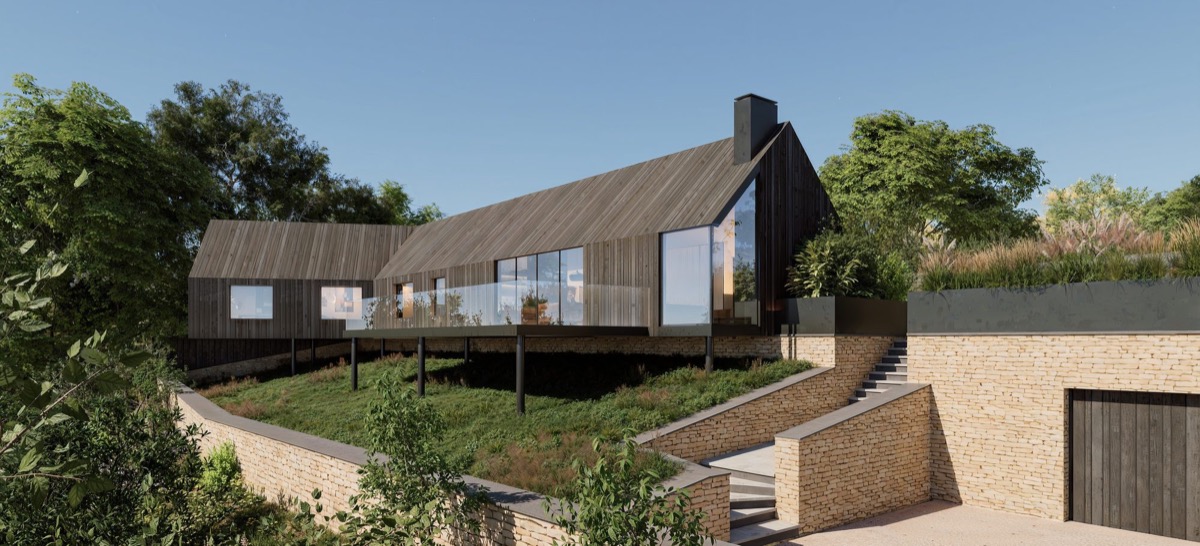 Highwoods, Nailsworth — proposed single-storey timber-clad house on a stone plinth, with a cantilevered deck above the Cotswold valley