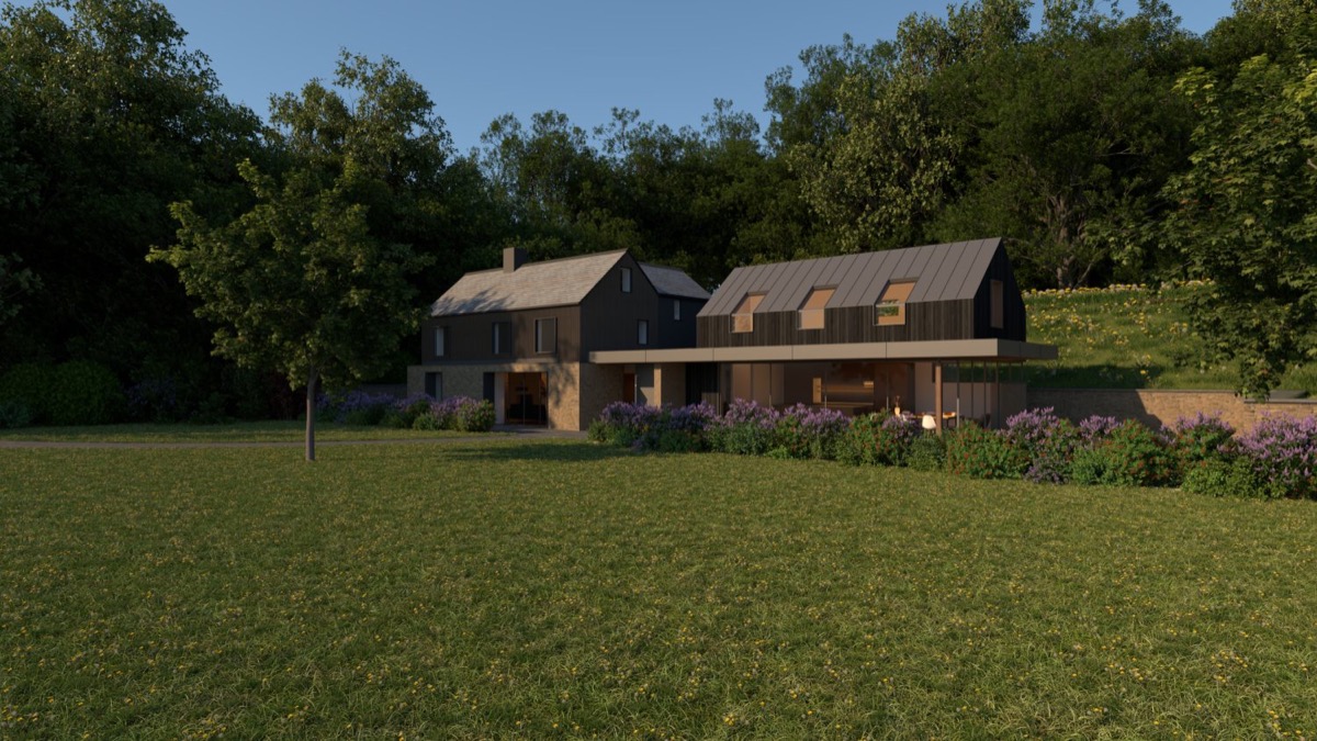 Crowell Brook, Forthay, North Nibley — proposed scheme: original cottage on the left re-clad in dark timber, new contemporary wing on the right under a standing-seam metal roof, both glowing in the evening light