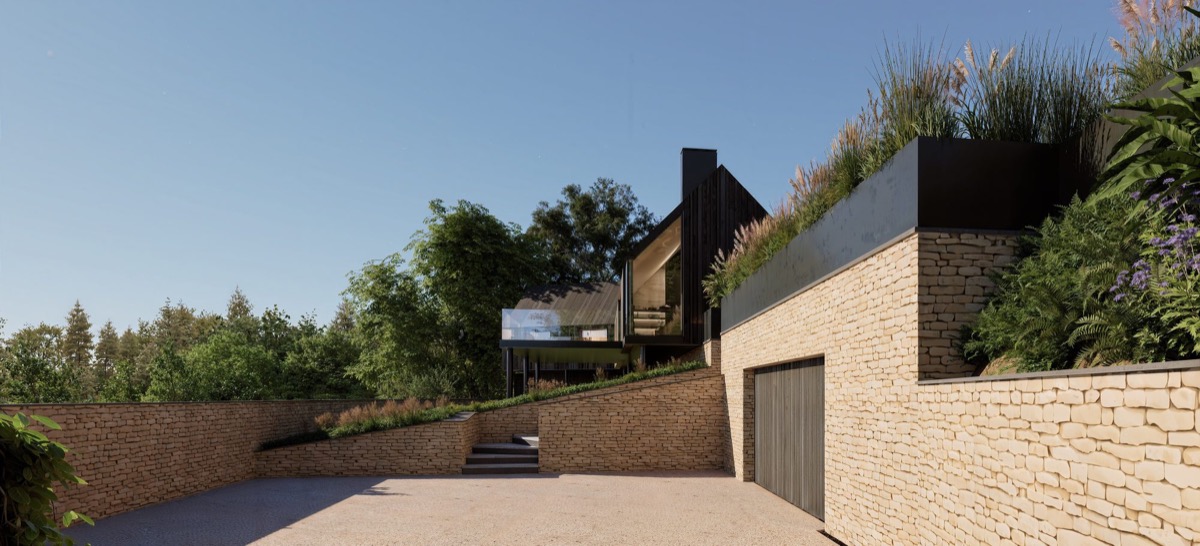 The new threshold — a courtyard moment that replaces the old, cramped porch.