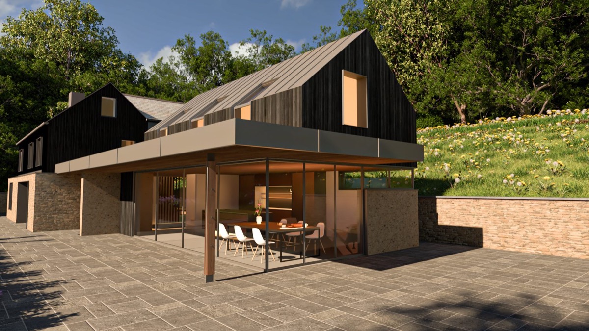 The new threshold — a courtyard moment that replaces the old, cramped porch.
