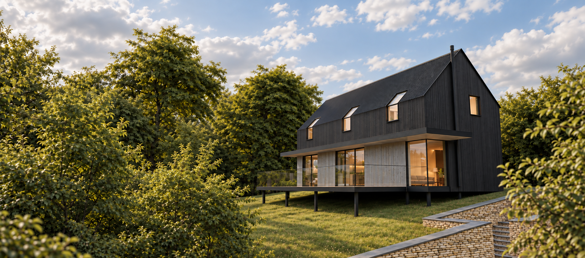 Highwood Cottage proposal with timber cladding, Cotswold stone and landscape planting