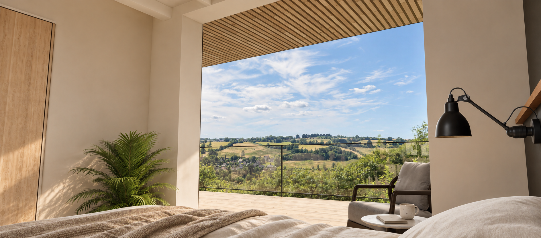 Bedroom at Highwood Cottage with a view towards the surrounding landscape