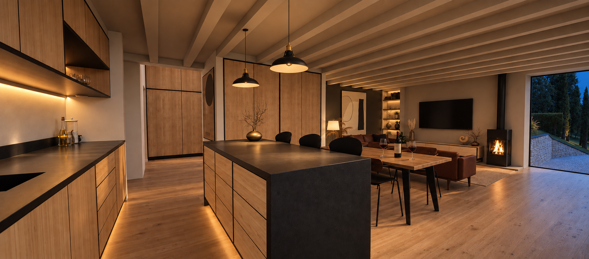 Evening kitchen and dining room proposal for Highwood Cottage