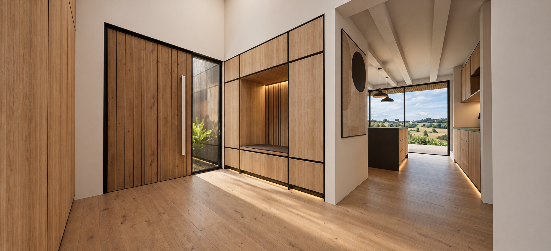 Natural timber, stone and calm interior material palette proposed for Highwood Cottage