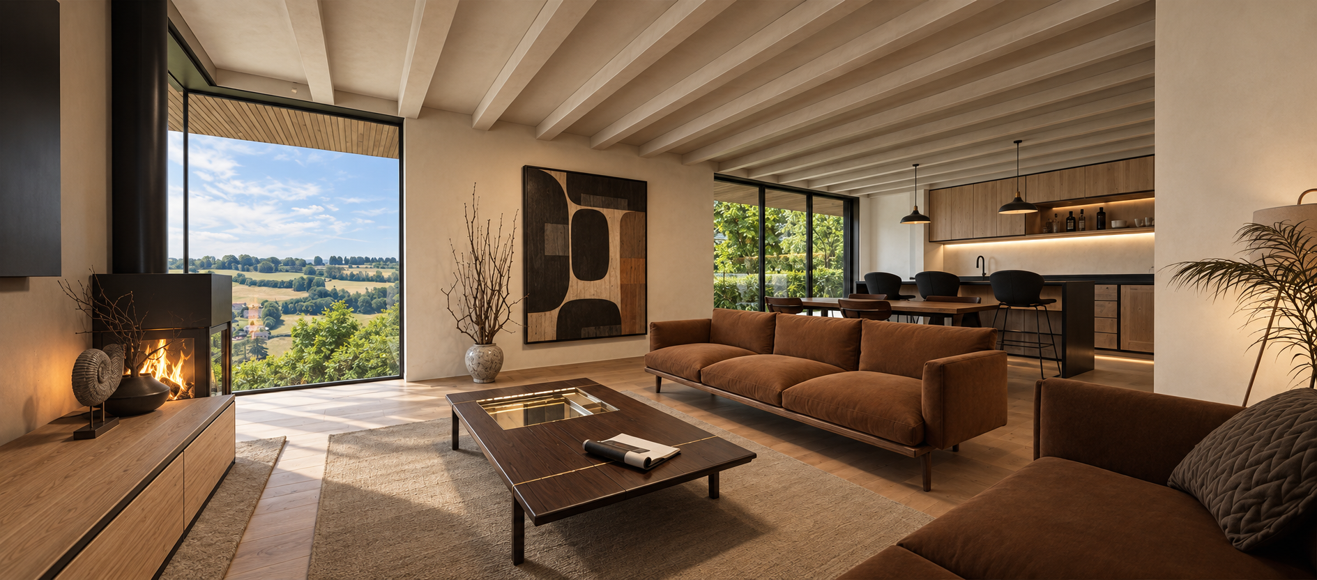 Open-plan living room at Highwood Cottage with warm daylight and views to the landscape